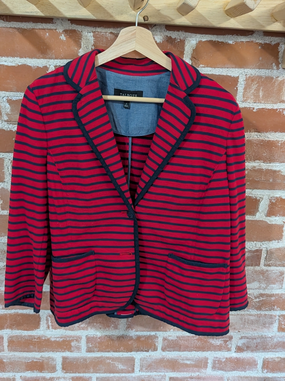Talbots Red and Navy Striped Blazer with Contrast Trim